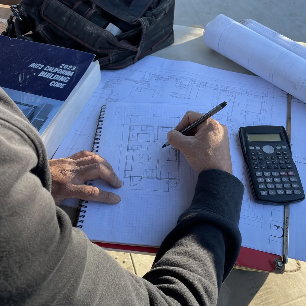 Architect designing an accessory dwelling unit with building codes and blueprints