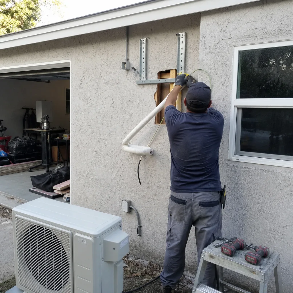 Technician installing HVAC system for a garage conversion ADU