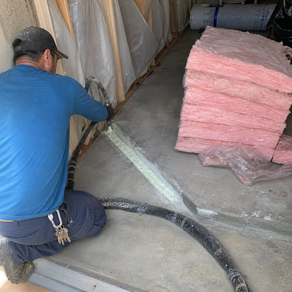 Contractor applying spray foam insulation during a garage conversion project