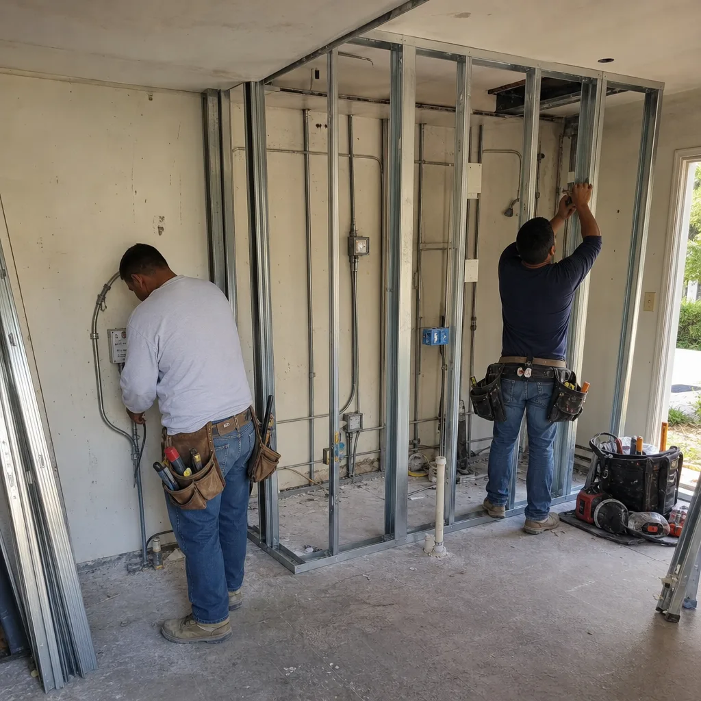 Contractors building interior wall framing during a garage conversion ADU project