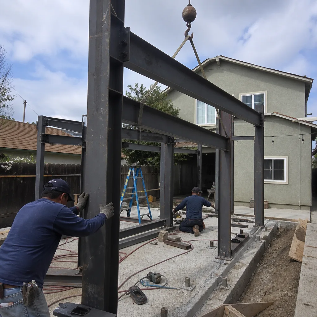 Construction workers installing a steel frame for a detached ADU