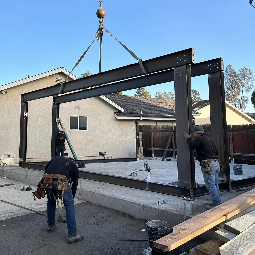 Construction crew installing steel structural frame for a new detached ADU.