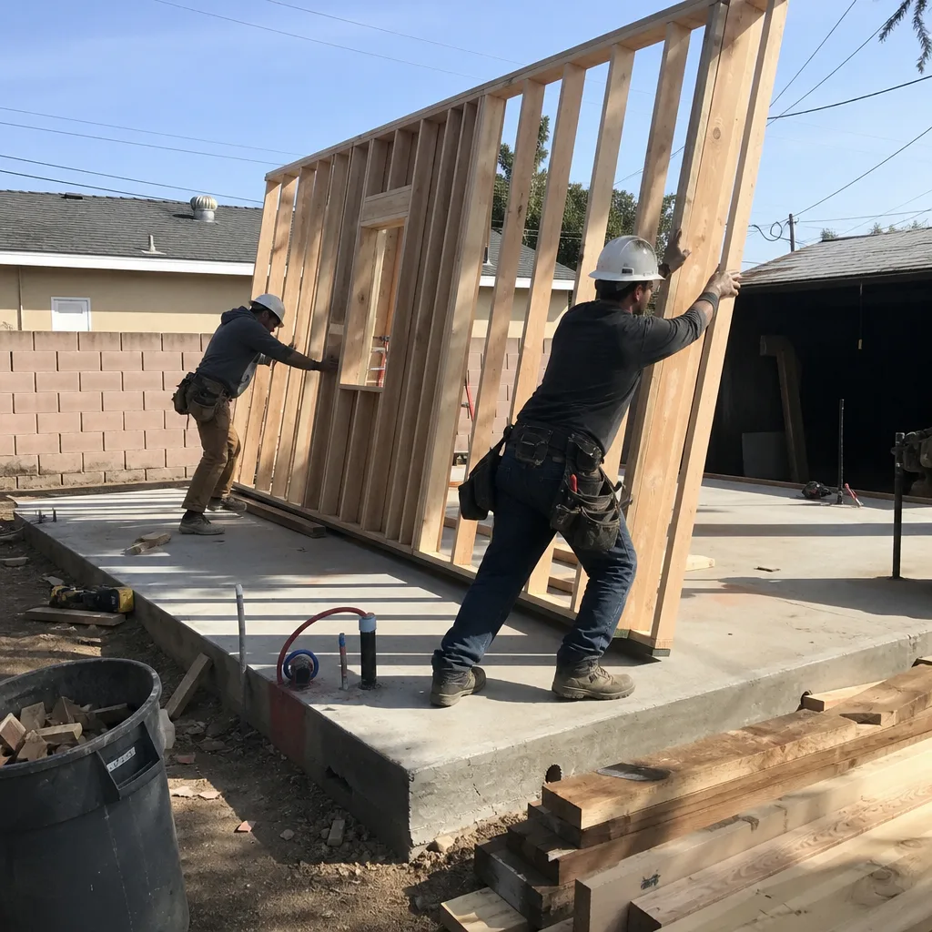 Two professional contractors framing a new detached accessory dwelling unit wall